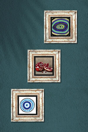 Nazar, Nar Taş Duvar Tablosu Çerçeveli Duvar Dekoru 3 Parça Tablo Seti Wall Art