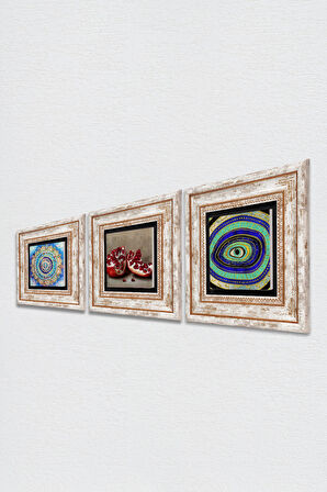 Mandala, Nazar, Nar Taş Duvar Tablosu Çerçeveli Duvar Dekoru 3 Parça Tablo Seti Wall Art