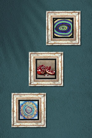 Mandala, Nazar, Nar Taş Duvar Tablosu Çerçeveli Duvar Dekoru 3 Parça Tablo Seti Wall Art