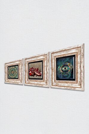 Mandala, Nazar, Nar Taş Duvar Tablosu Çerçeveli Duvar Dekoru 3 Parça Tablo Seti Wall Art