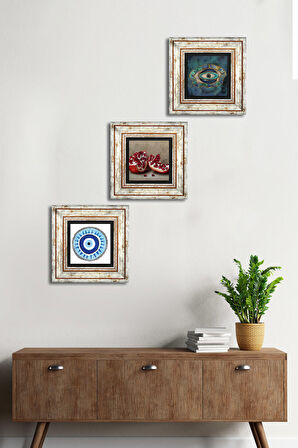 Nazar, Nar Taş Duvar Tablosu Çerçeveli Duvar Dekoru 3 Parça Tablo Seti Wall Art