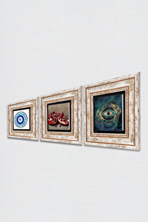 Nazar, Nar Taş Duvar Tablosu Çerçeveli Duvar Dekoru 3 Parça Tablo Seti Wall Art