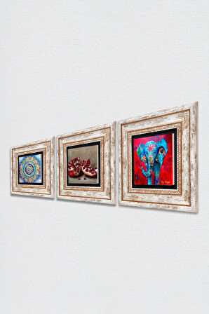 Mandala, Fil, Nar Taş Duvar Tablosu Çerçeveli Duvar Dekoru 3 Parça Tablo Seti Wall Art