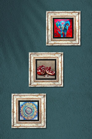 Mandala, Fil, Nar Taş Duvar Tablosu Çerçeveli Duvar Dekoru 3 Parça Tablo Seti Wall Art