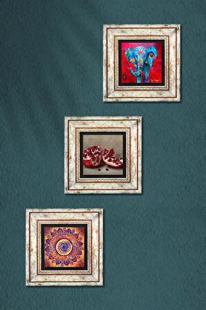 Mandala, Fil, Nar Taş Duvar Tablosu Çerçeveli Duvar Dekoru 3 Parça Tablo Seti Wall Art