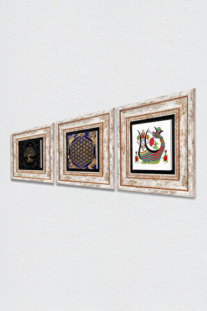 Yaşam Çiçeği, Şahmeran, Hayat Ağacı Taş Duvar Tablosu Çerçeveli Duvar Dekoru 3 Parça Tablo Seti Wall Art