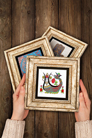 Yaşam Çiçeği, Şahmeran, Hayat Ağacı Taş Duvar Tablosu Çerçeveli Duvar Dekoru 3 Parça Tablo Seti Wall Art