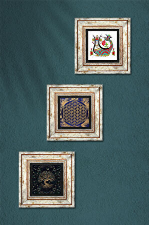 Yaşam Çiçeği, Şahmeran, Hayat Ağacı Taş Duvar Tablosu Çerçeveli Duvar Dekoru 3 Parça Tablo Seti Wall Art