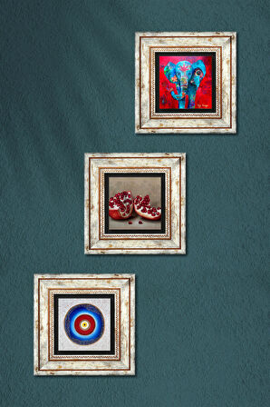 Nazar, Fil, Nar Taş Duvar Tablosu Çerçeveli Duvar Dekoru 3 Parça Tablo Seti Wall Art