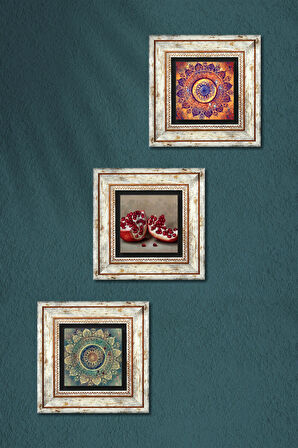 Mandala, Nar Taş Duvar Tablosu Çerçeveli Duvar Dekoru 3 Parça Tablo Seti Wall Art