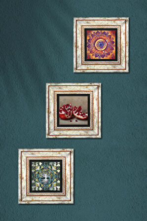 Hayat Ağacı, Mandala, Nar Taş Duvar Tablosu Çerçeveli Duvar Dekoru 3 Parça Tablo Seti Wall Art