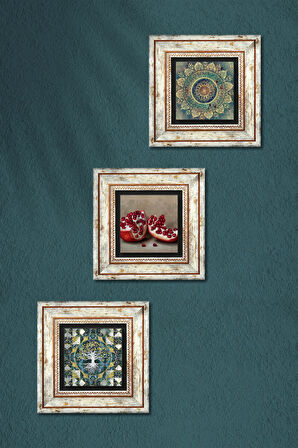 Hayat Ağacı, Mandala, Nar Taş Duvar Tablosu Çerçeveli Duvar Dekoru 3 Parça Tablo Seti Wall Art