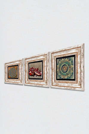 Yaşam Çiçeği, Mandala, Nar Taş Duvar Tablosu Çerçeveli Duvar Dekoru 3 Parça Tablo Seti Wall Art