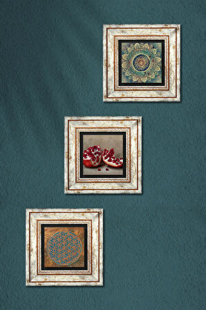 Yaşam Çiçeği, Mandala, Nar Taş Duvar Tablosu Çerçeveli Duvar Dekoru 3 Parça Tablo Seti Wall Art