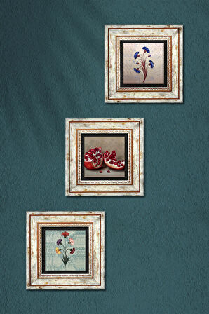 Ebru Sanatı, Nar Taş Duvar Tablosu Çerçeveli Duvar Dekoru 3 Parça Tablo Seti Wall Art