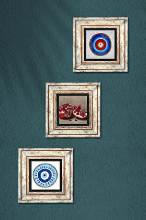 Nazar, Nar Taş Duvar Tablosu Çerçeveli Duvar Dekoru 3 Parça Tablo Seti Wall Art