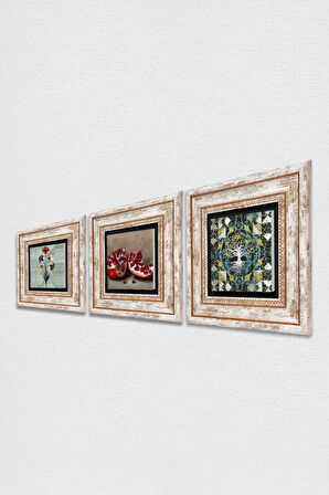 Ebru Sanatı, Hayat Ağacı, Nar Taş Duvar Tablosu Çerçeveli Duvar Dekoru 3 Parça Tablo Seti Wall Art