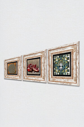 Yaşam Çiçeği, Hayat Ağacı, Nar Taş Duvar Tablosu Çerçeveli Duvar Dekoru 3 Parça Tablo Seti Wall Art