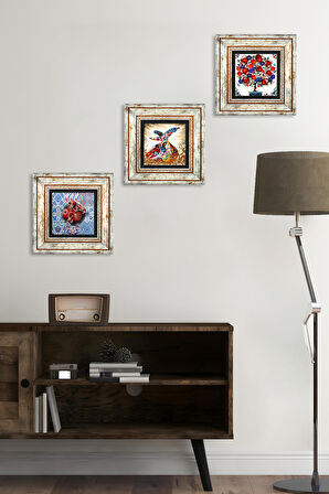 Semazen, Nar, Nar Ağacı Taş Duvar Tablosu Çerçeveli Duvar Dekoru 3 Parça Tablo Seti Wall Art