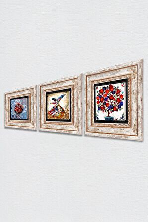 Semazen, Nar, Nar Ağacı Taş Duvar Tablosu Çerçeveli Duvar Dekoru 3 Parça Tablo Seti Wall Art