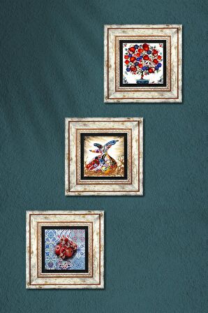 Semazen, Nar, Nar Ağacı Taş Duvar Tablosu Çerçeveli Duvar Dekoru 3 Parça Tablo Seti Wall Art