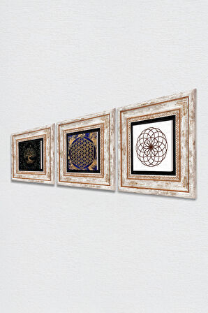Yaşam Çiçeği, Hayat Ağacı Taş Duvar Tablosu Çerçeveli Duvar Dekoru 3 Parça Tablo Seti Wall Art