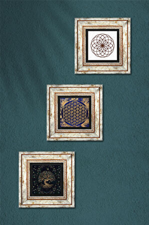 Yaşam Çiçeği, Hayat Ağacı Taş Duvar Tablosu Çerçeveli Duvar Dekoru 3 Parça Tablo Seti Wall Art