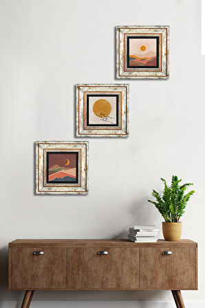 Minimalist, Bohem Taş Duvar Tablosu Çerçeveli Duvar Dekoru 3 Parça Tablo Seti Wall Art