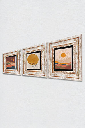 Minimalist, Bohem Taş Duvar Tablosu Çerçeveli Duvar Dekoru 3 Parça Tablo Seti Wall Art