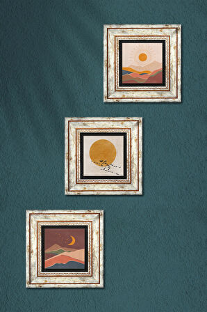 Minimalist, Bohem Taş Duvar Tablosu Çerçeveli Duvar Dekoru 3 Parça Tablo Seti Wall Art