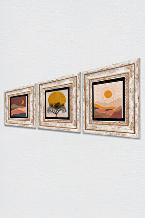 Minimalist, Bohem Taş Duvar Tablosu Çerçeveli Duvar Dekoru 3 Parça Tablo Seti Wall Art