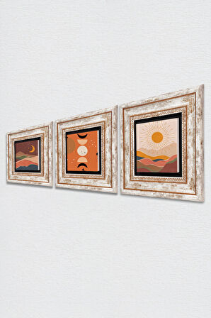 Bohem Taş Duvar Tablosu Çerçeveli Duvar Dekoru 3 Parça Tablo Seti Wall Art