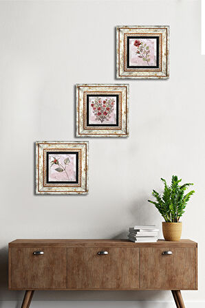 Gül Çiçek Taş Duvar Tablosu Çerçeveli Duvar Dekoru 3 Parça Tablo Seti Wall Art