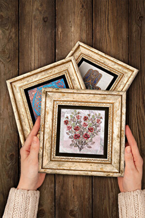 Gül Çiçek Taş Duvar Tablosu Çerçeveli Duvar Dekoru 3 Parça Tablo Seti Wall Art