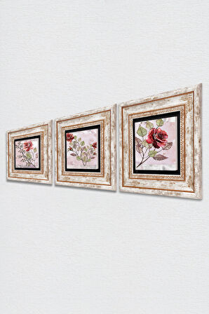 Gül Çiçek Taş Duvar Tablosu Çerçeveli Duvar Dekoru 3 Parça Tablo Seti Wall Art