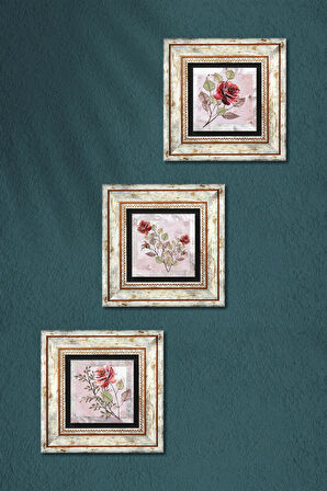 Gül Çiçek Taş Duvar Tablosu Çerçeveli Duvar Dekoru 3 Parça Tablo Seti Wall Art