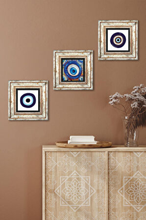 Nazar Taş Duvar Tablosu Çerçeveli Duvar Dekoru 3 Parça Tablo Seti Wall Art