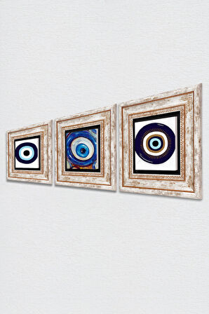 Nazar Taş Duvar Tablosu Çerçeveli Duvar Dekoru 3 Parça Tablo Seti Wall Art