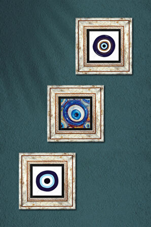 Nazar Taş Duvar Tablosu Çerçeveli Duvar Dekoru 3 Parça Tablo Seti Wall Art
