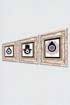 Fatma Ana Eli (Hamsa), Nazar Taş Duvar Tablosu Çerçeveli Duvar Dekoru 3 Parça Tablo Seti Wall Art
