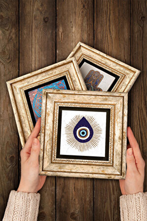 Fatma Ana Eli (Hamsa), Nazar Taş Duvar Tablosu Çerçeveli Duvar Dekoru 3 Parça Tablo Seti Wall Art