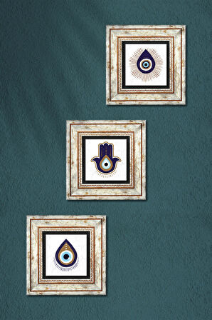 Fatma Ana Eli (Hamsa), Nazar Taş Duvar Tablosu Çerçeveli Duvar Dekoru 3 Parça Tablo Seti Wall Art