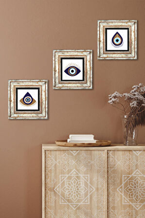 Nazar Taş Duvar Tablosu Çerçeveli Duvar Dekoru 3 Parça Tablo Seti Wall Art