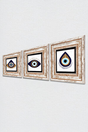 Nazar Taş Duvar Tablosu Çerçeveli Duvar Dekoru 3 Parça Tablo Seti Wall Art