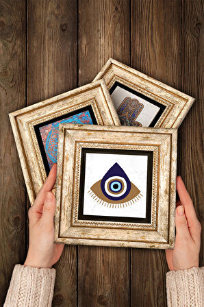 Nazar Taş Duvar Tablosu Çerçeveli Duvar Dekoru 3 Parça Tablo Seti Wall Art