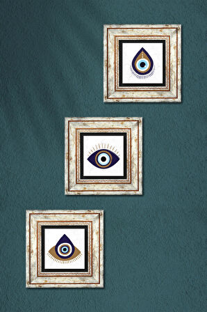Nazar Taş Duvar Tablosu Çerçeveli Duvar Dekoru 3 Parça Tablo Seti Wall Art