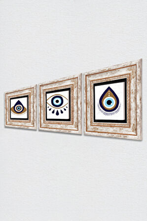 Nazar Taş Duvar Tablosu Çerçeveli Duvar Dekoru 3 Parça Tablo Seti Wall Art