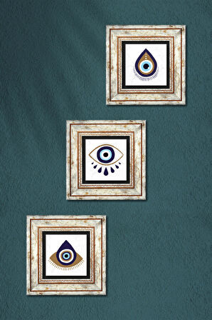 Nazar Taş Duvar Tablosu Çerçeveli Duvar Dekoru 3 Parça Tablo Seti Wall Art