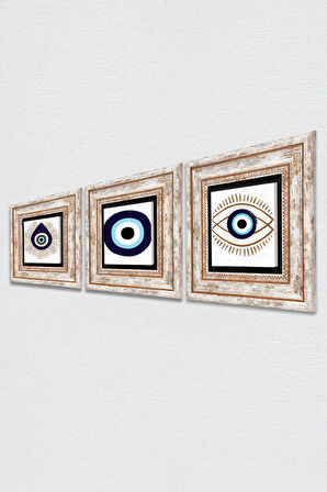 Nazar Taş Duvar Tablosu Çerçeveli Duvar Dekoru 3 Parça Tablo Seti Wall Art