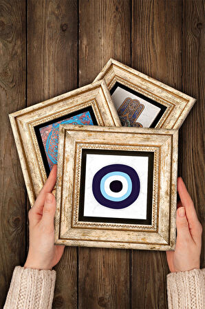 Nazar Taş Duvar Tablosu Çerçeveli Duvar Dekoru 3 Parça Tablo Seti Wall Art